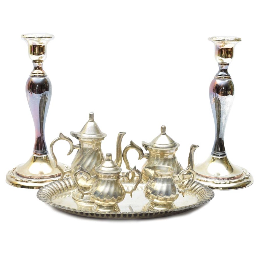 Silver Tone Oneida Candleholders and Petite Tea and Coffee Set