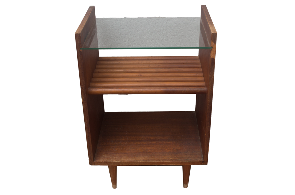 Mid Century Modern Glass Top Wooden End Table