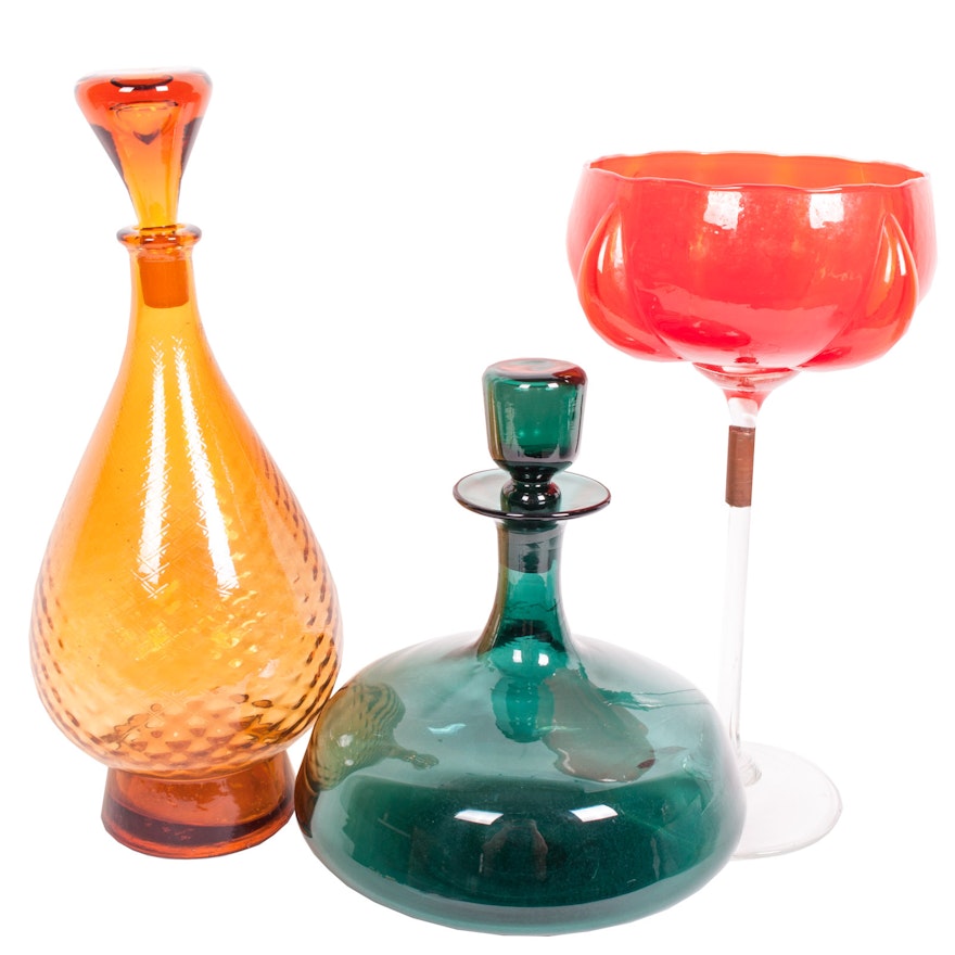 Mid Century Blefeld Crystal Compote with Colorful Glass Decanters