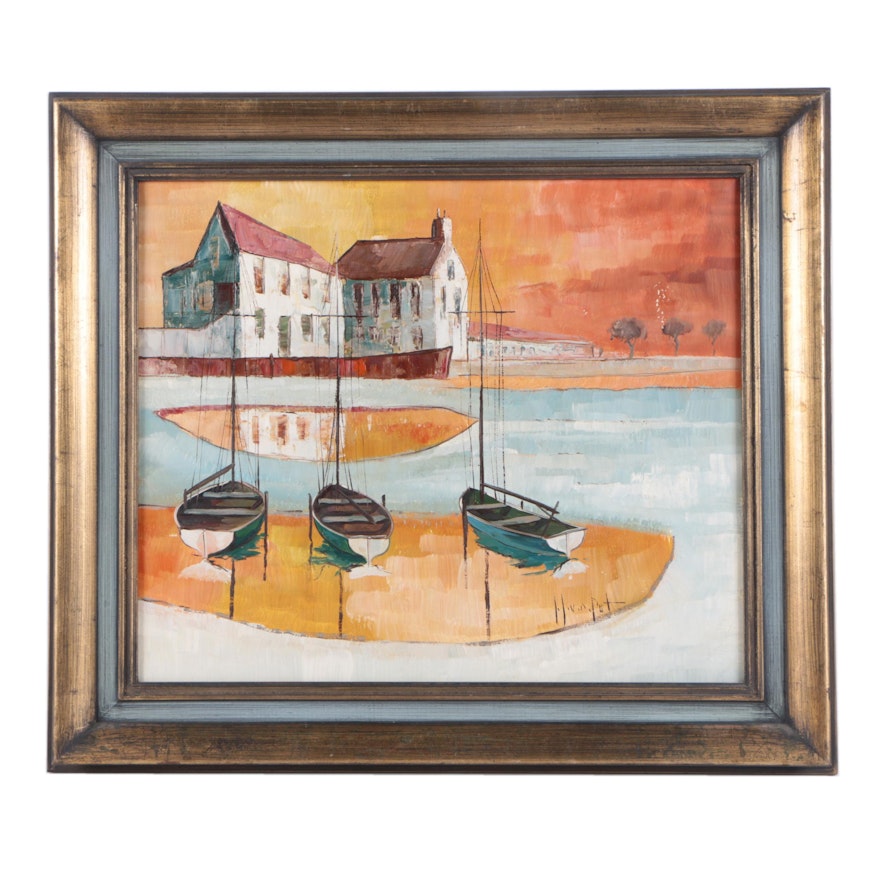 Mid-Century Oil on Canvas of Harbor Scene