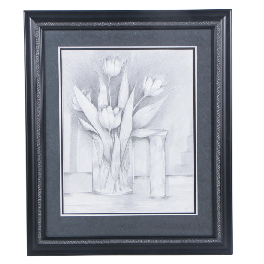 Joyce Graphite Drawing on Paper of Flowers in Vase