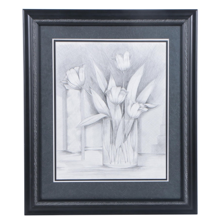 Joyce Graphite Drawing on Paper of Flowers in Vase