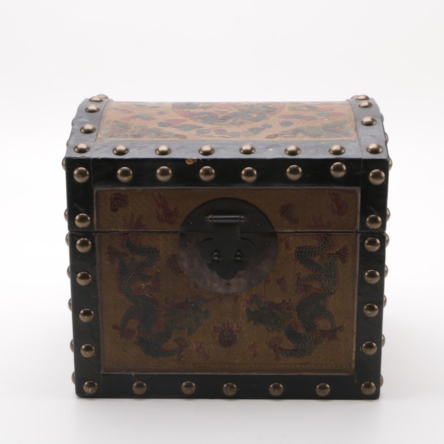 Chinese Wood Box with Metal Rivets and Dragon Motifs