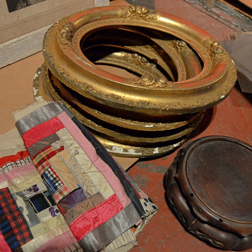 Antique Oval Gilt Gesso Frames, Crazy Quilt Runner, Chinese Wood Pedestal