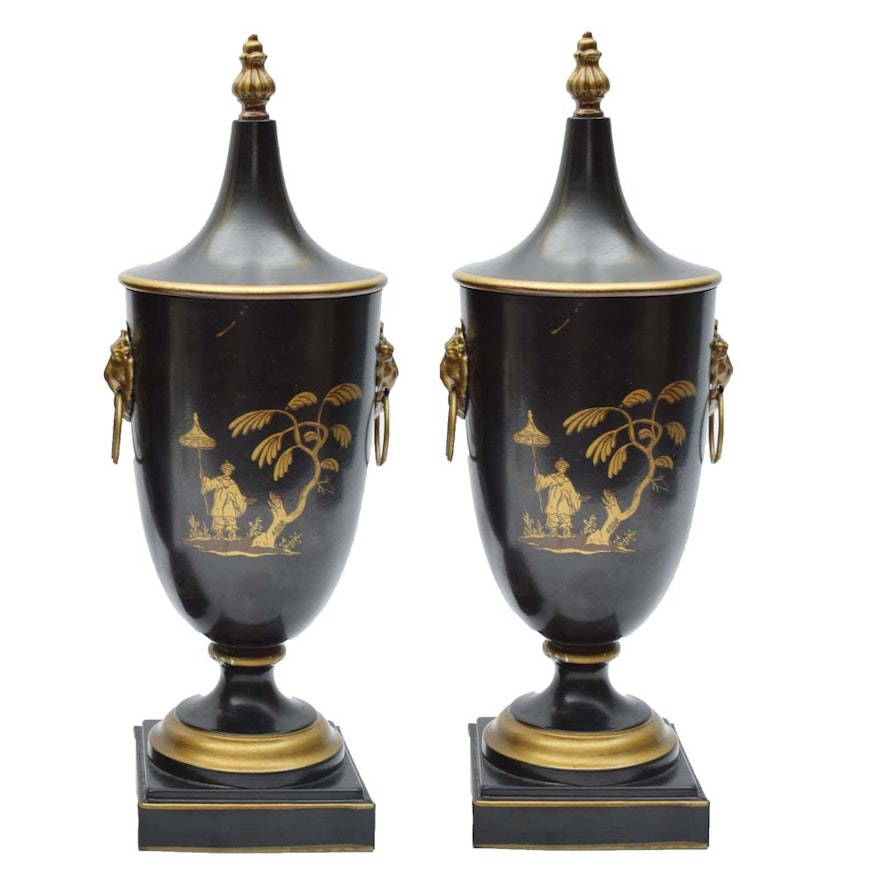 Chinoserie Toleware Lidded Urns