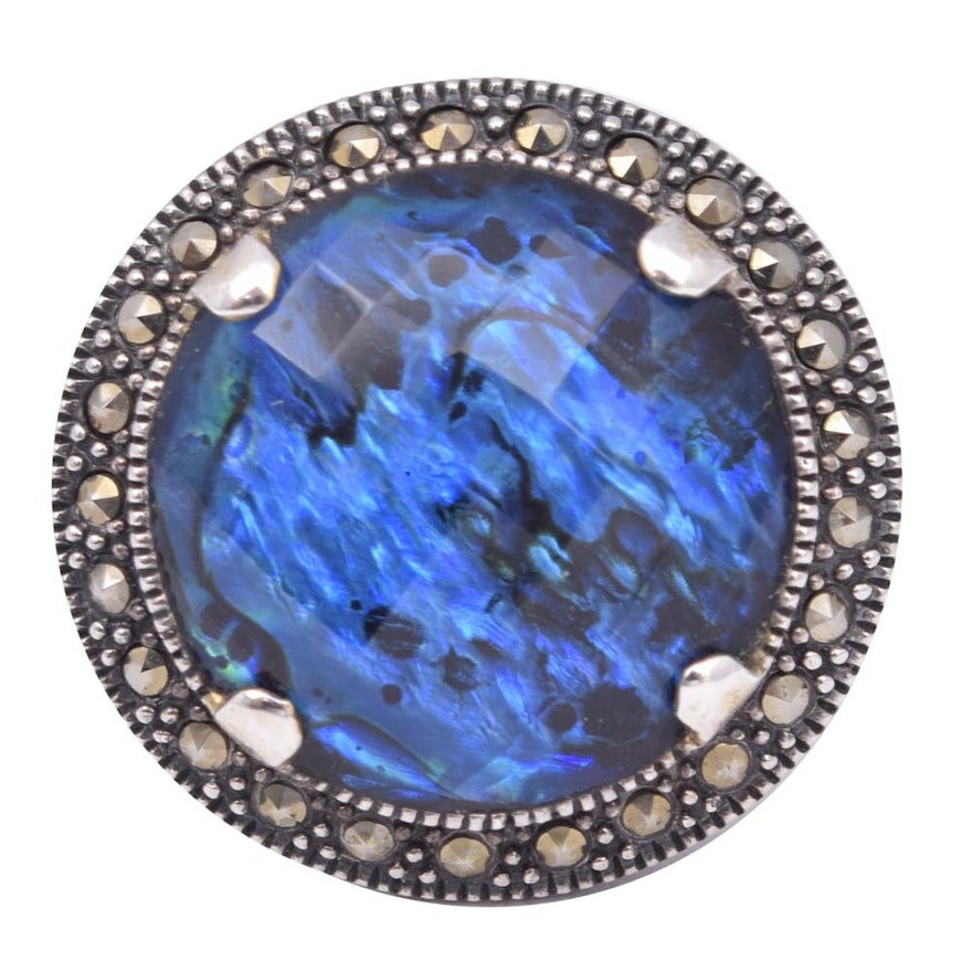 Sterling Silver Blue Quartz Over Abalone and Marcasite Ring