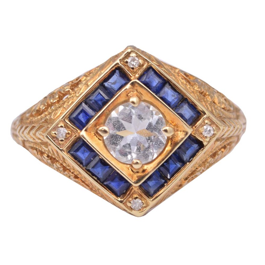 14K Yellow Gold Cubic Zirconia, Diamond and Sapphire Filigree Ring