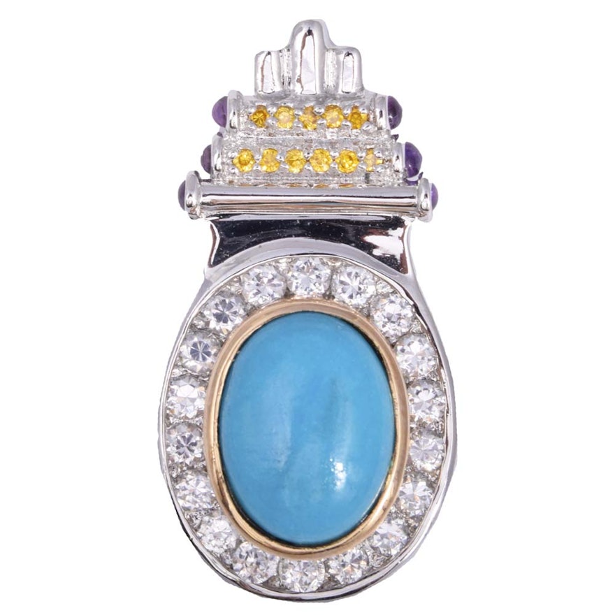 Sterling Simulated Turquoise, Cubic Zirconia and Amethyst Pendant