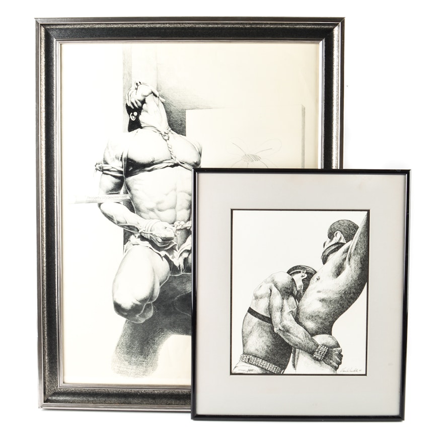 Pairing of Vintage Homoerotic Artworks Including an Original Drawing