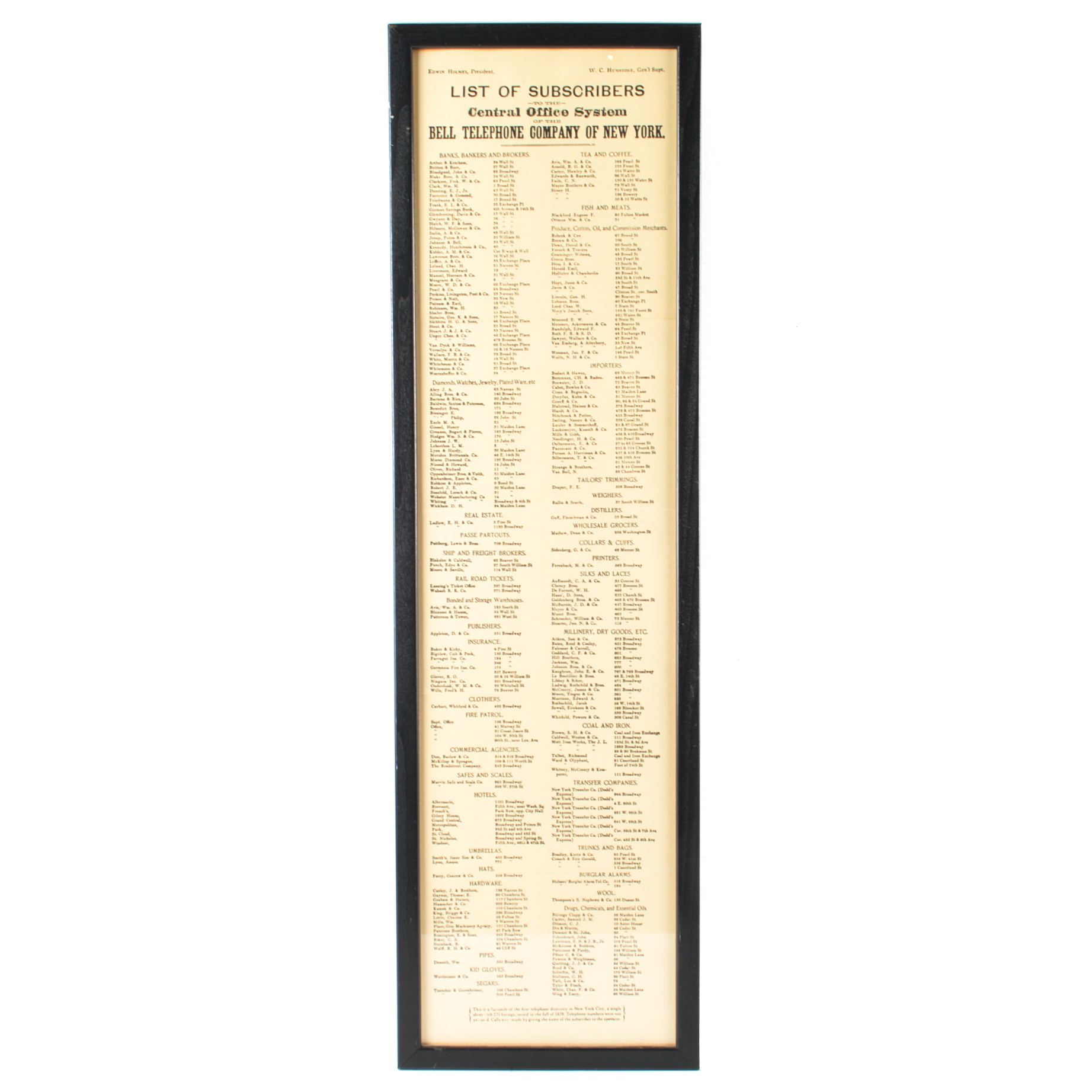Framed Reproduction of Late 1800s New York City Telephone Directory