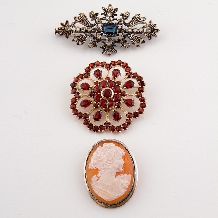 Sterling Silver Carved Shell Cameo Brooch and Sapphire and Garnet Brooches