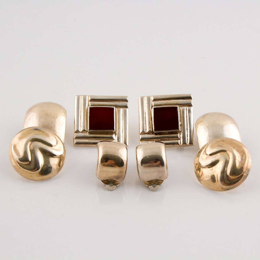 Sterling Silver Clip Earrings Featuring Carnelian Inlay