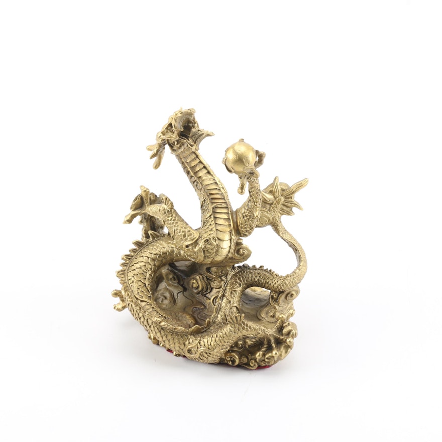 Chinese Brass Dragon Figurine Holding a Pearl