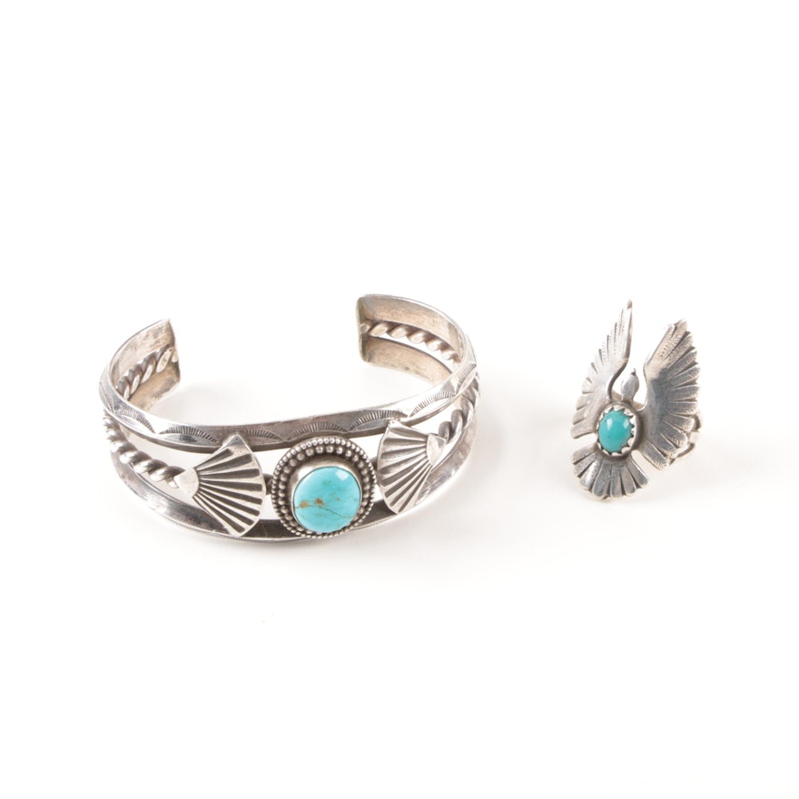 Southwest-Style Sterling Silver Cuff Bracelet and Ring with Turquoise