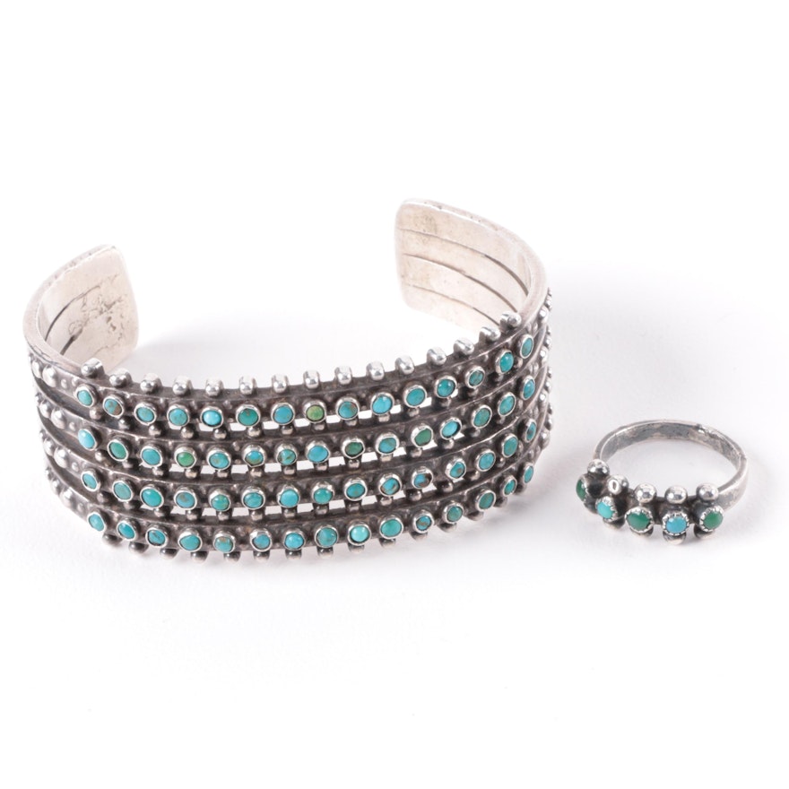 Southwest Style Sterling and Turquoise Petit Point Cuff Bracelet and Ring