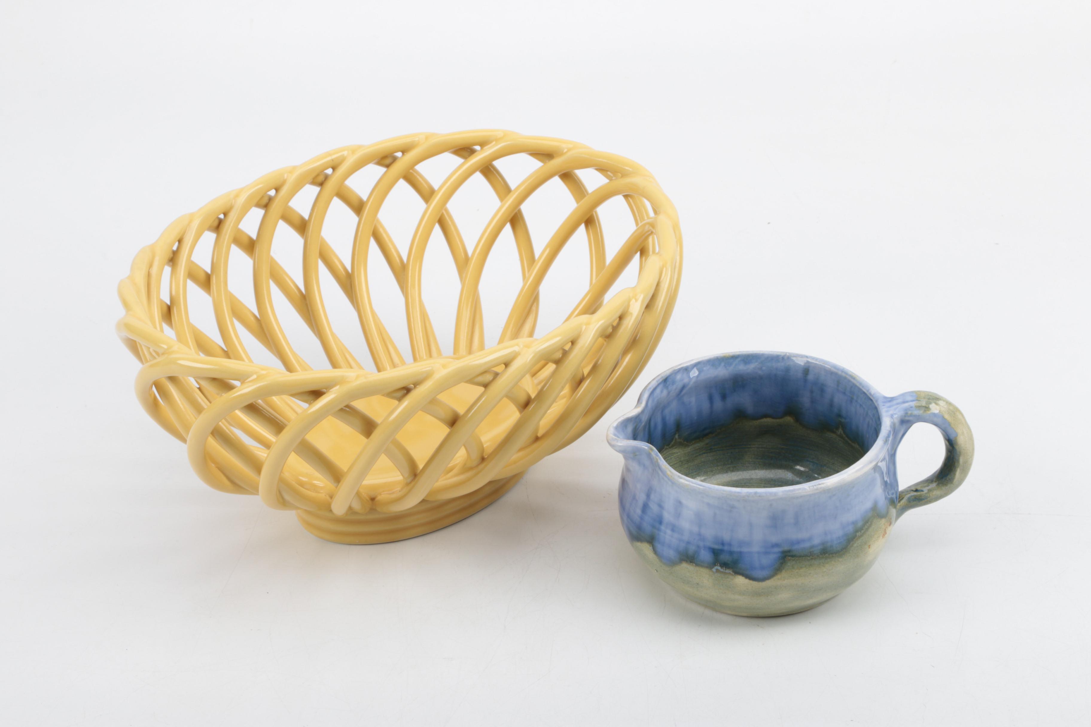 Ceramic Woven Bread Basket and Creamer