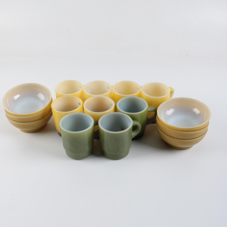 Vintage Anchor Hocking Fire King Yellow and Green Bowls and Mugs 1960s