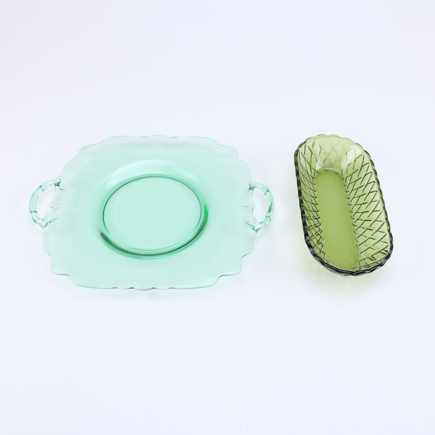 Depression Glass Green Platter and Lattice Oval Dish