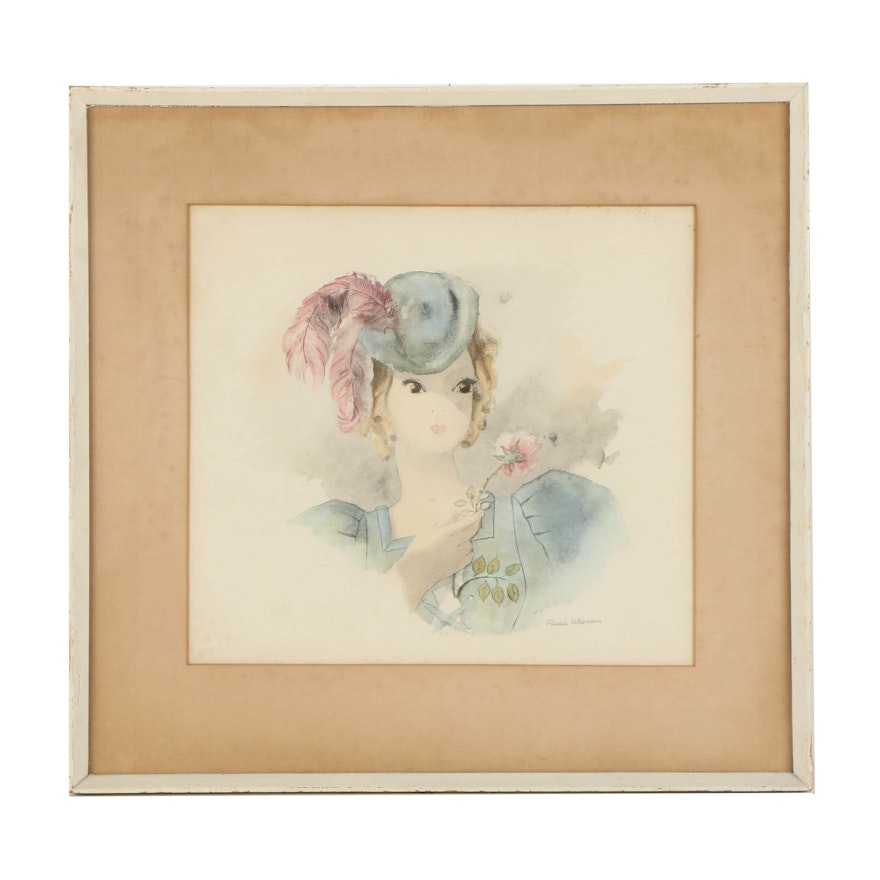 Hand-colored Lithograph on Paper of Woman