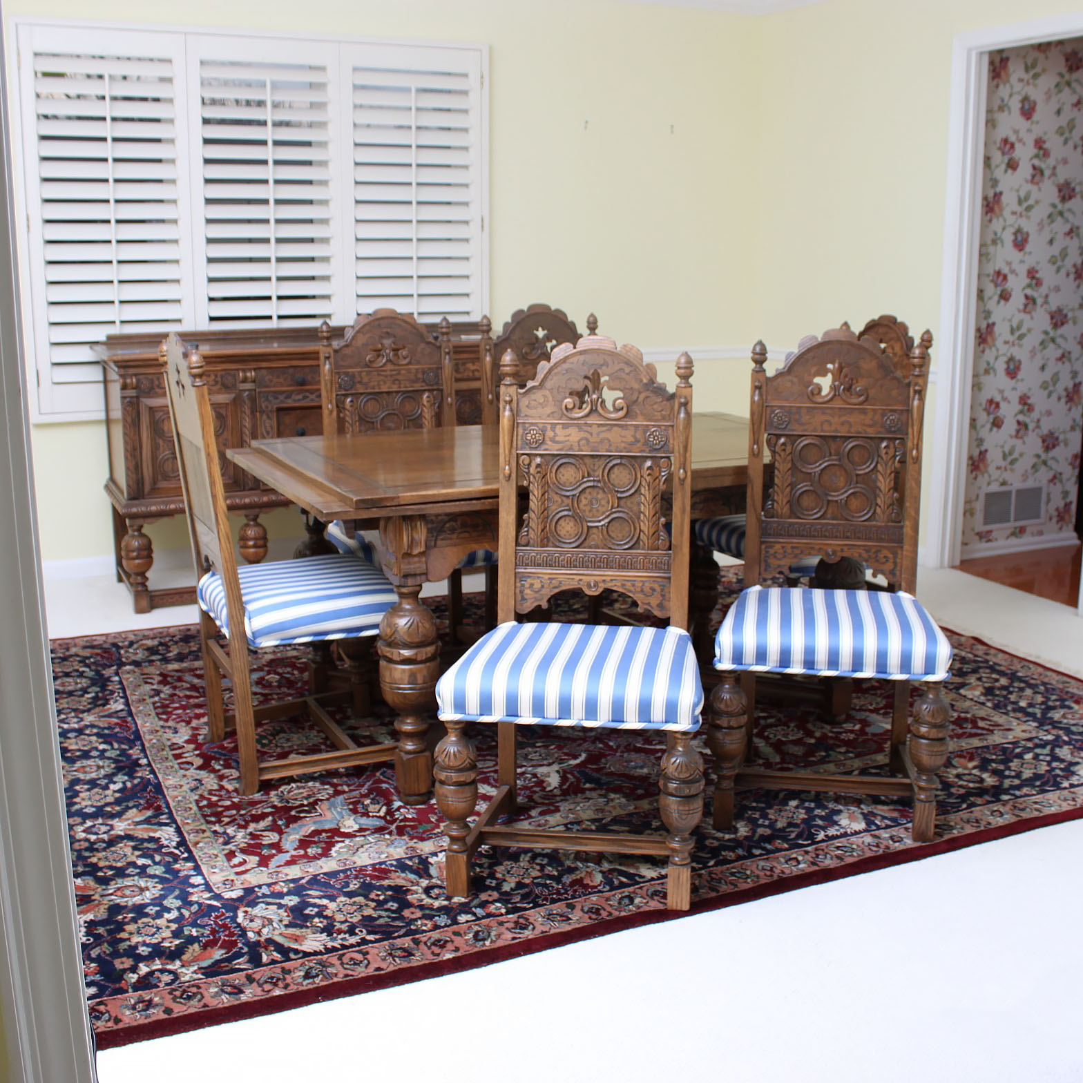 Vintage Tudor Revival Oak Dining Table And Ten Chairs