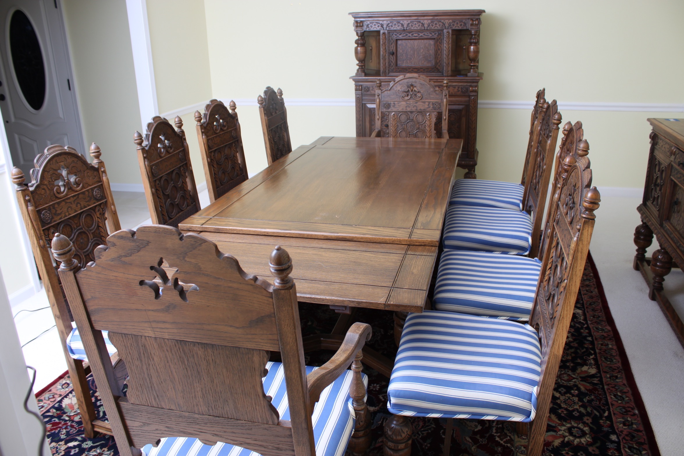 Vintage Tudor Revival Oak Dining Table And Ten Chairs