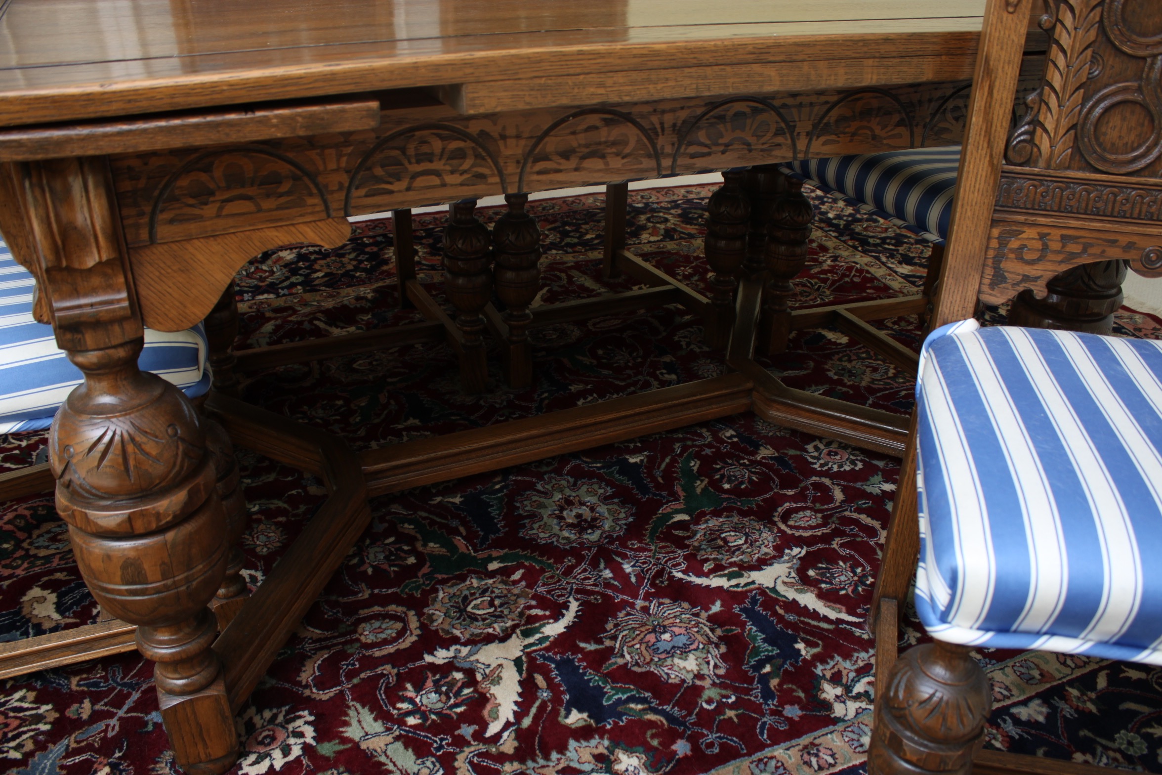 Vintage Tudor Revival Oak Dining Table And Ten Chairs