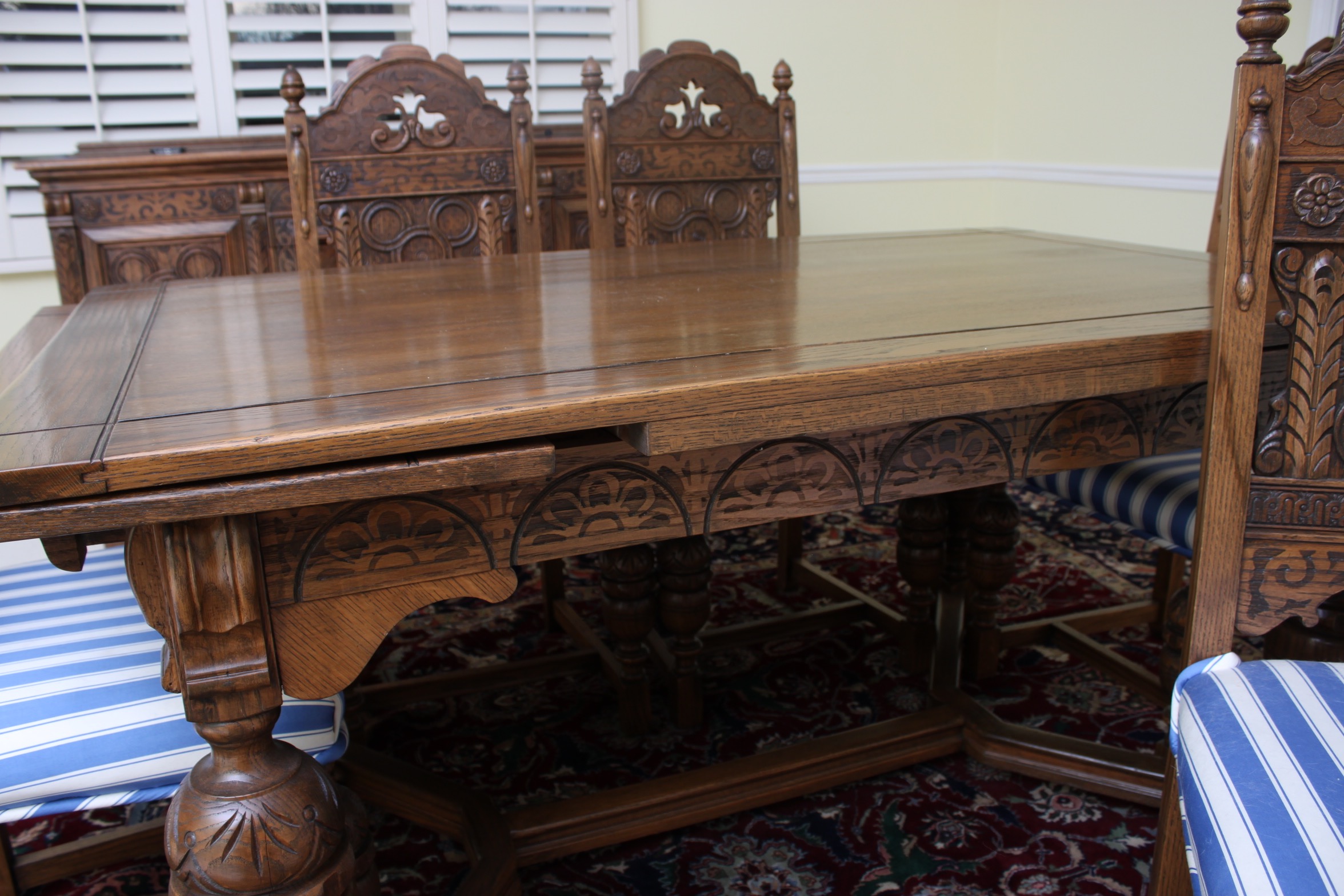 Vintage Tudor Revival Oak Dining Table And Ten Chairs