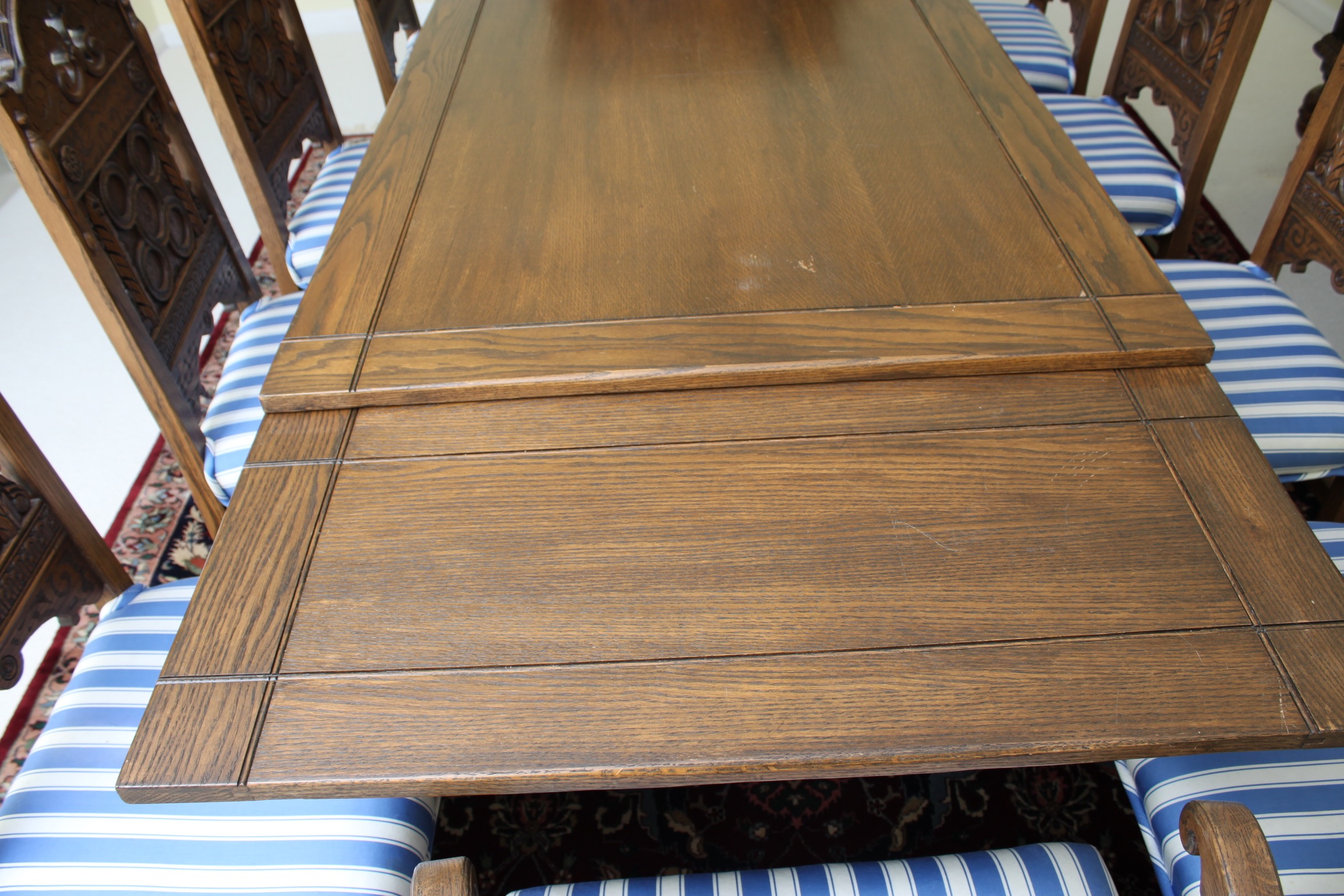Vintage Tudor Revival Oak Dining Table And Ten Chairs