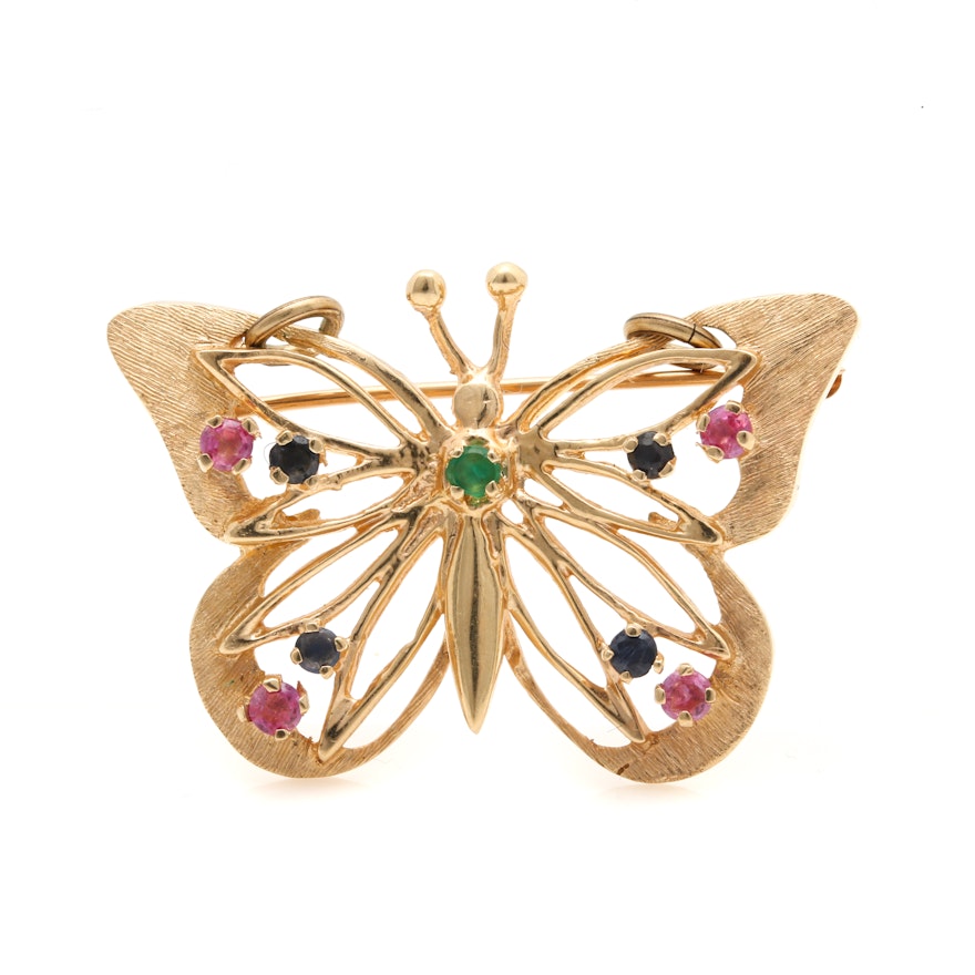14K Yellow Gold Sapphire, Ruby, and Chalcedony Butterfly Brooch
