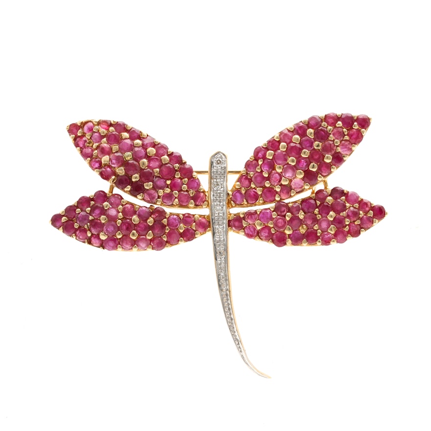 14K Yellow Gold Diamond and Ruby Dragonfly Brooch