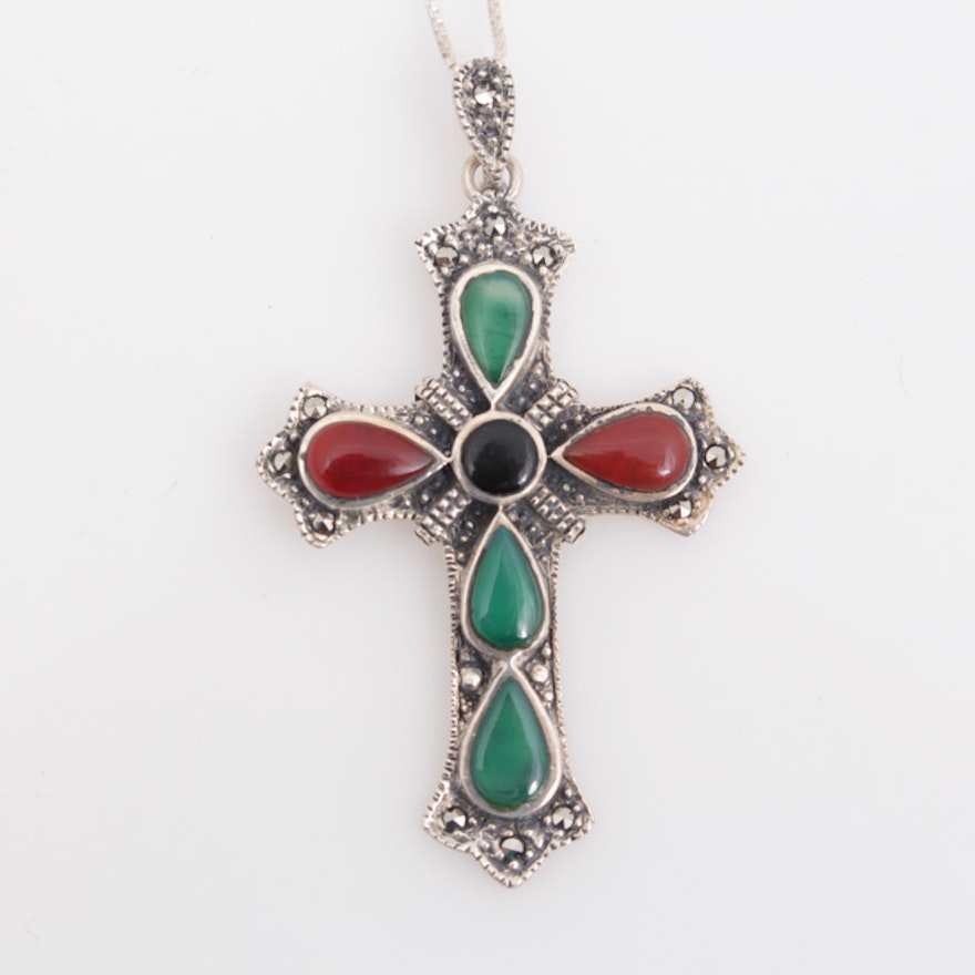 Sterling Silver Necklace with Carnelian, Quartz and Onyx Cross Pendant