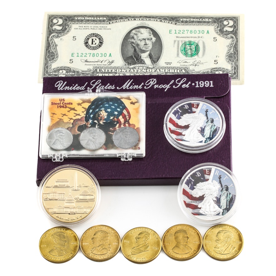 Assortment of U.S. Coins, Currency and Medals