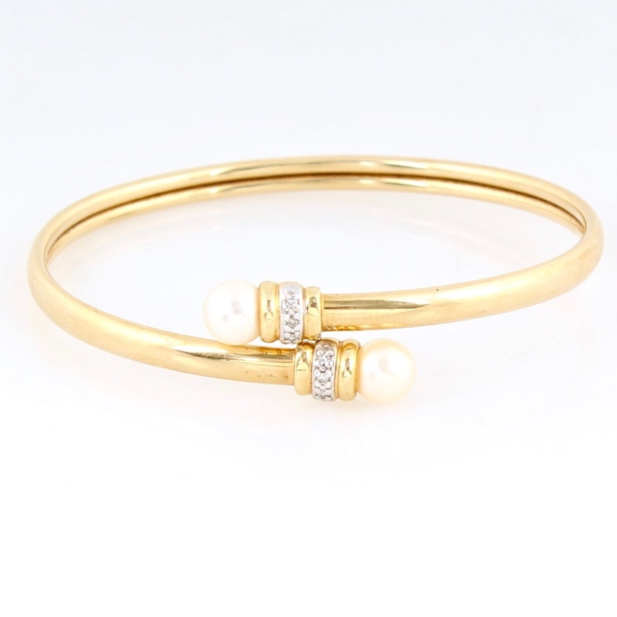 14K Yellow Gold Pearl and Diamond Cuff Bracelet