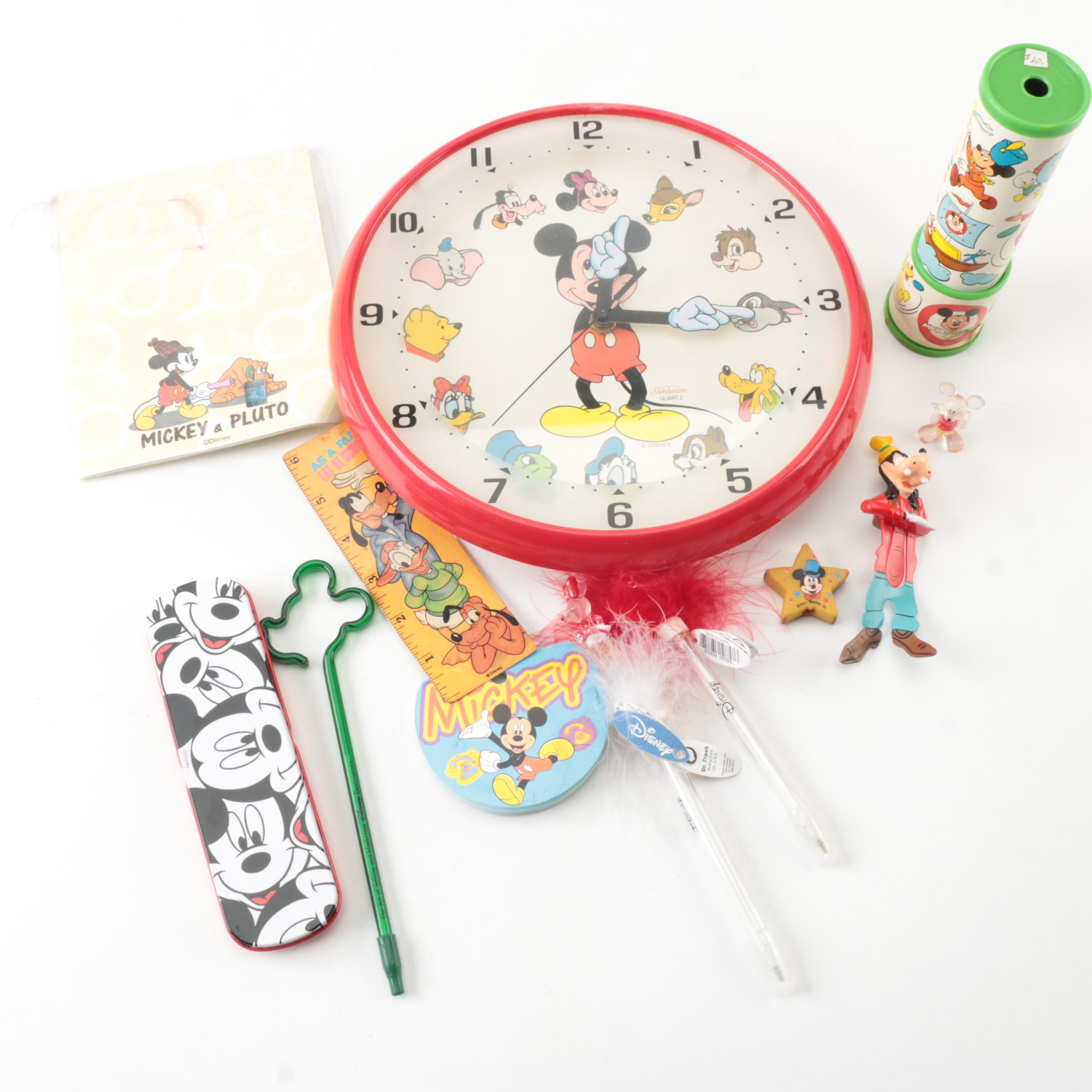 Disney Memorabilia Including Pens, Wall Clock, and More