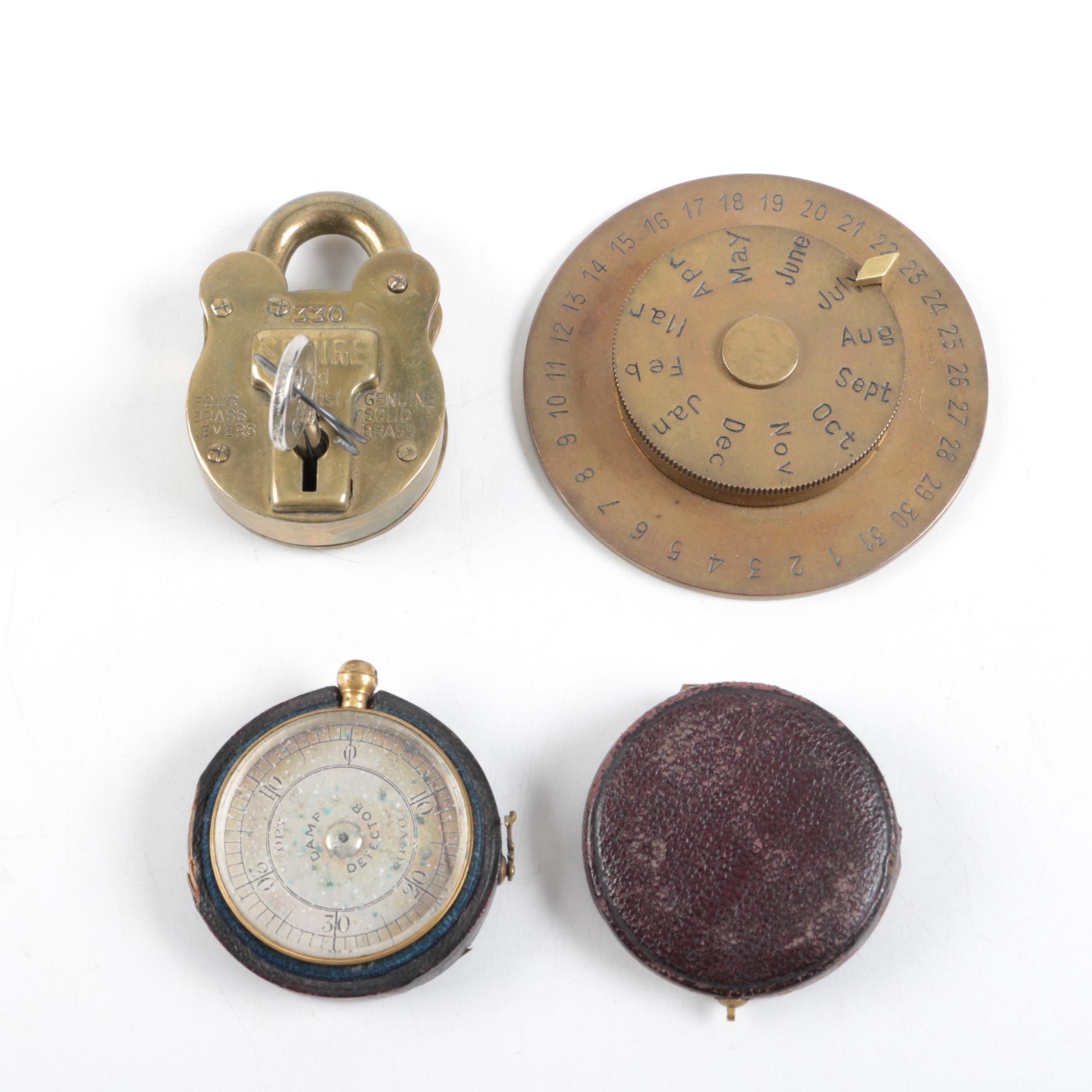 Vintage Lock, Pocket "Damp Detector," and Perpetual Calendar