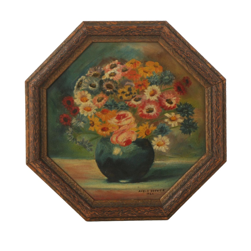 Adele Struck Oil Painting of a Flower Arrangement on Octagonal Board