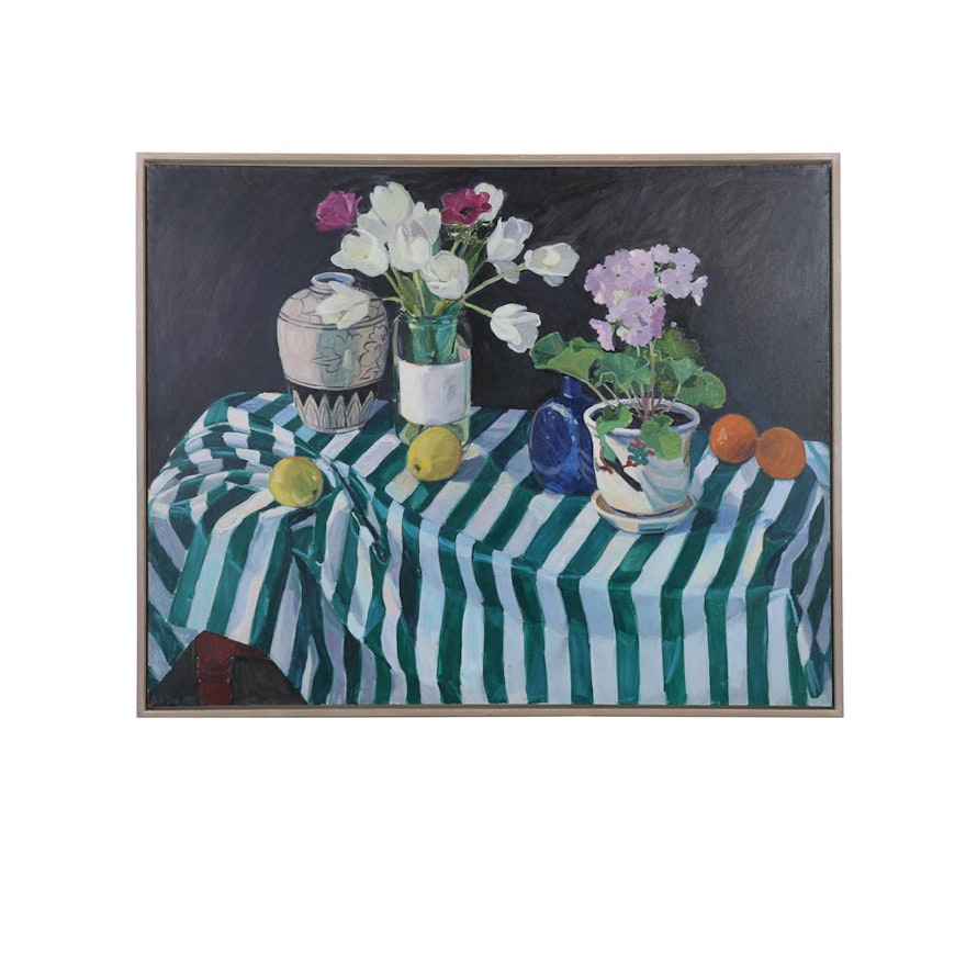 Debra A. Yoo 1992 Oil Painting on Canvas of Still Life with Flowers and Fruit