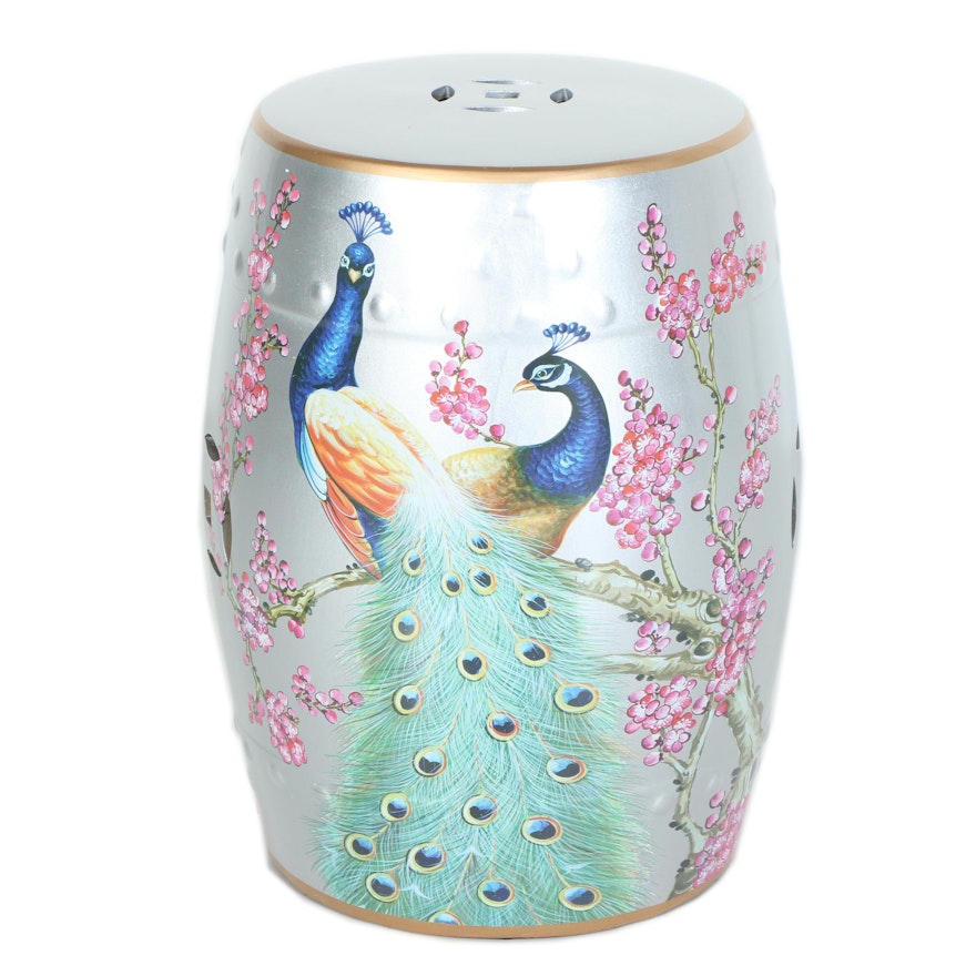 Metallic Finish Peacock Motif Ceramic Garden Stool