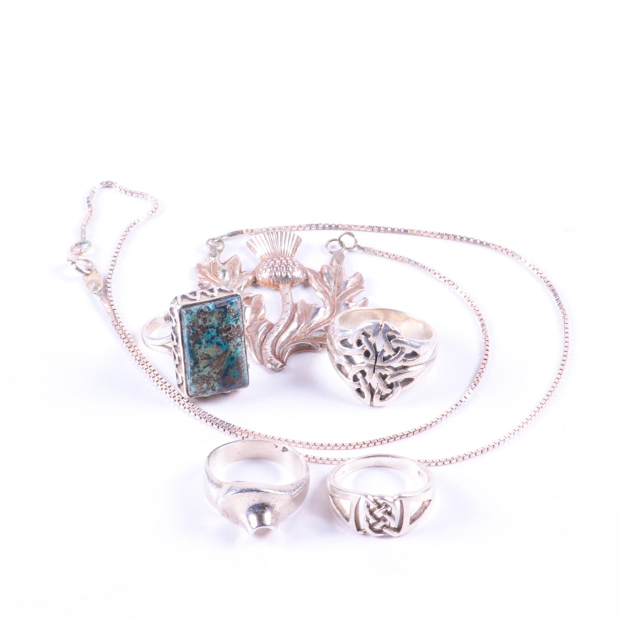 Sterling Silver Rings With Eilat and a Scottish Thistle Necklace