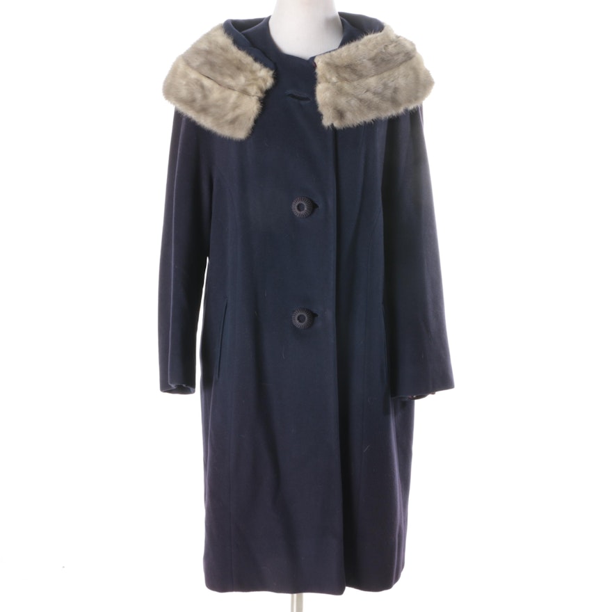 Women's Vintage Navy Blue Wool Coat with Mink Fur Collar