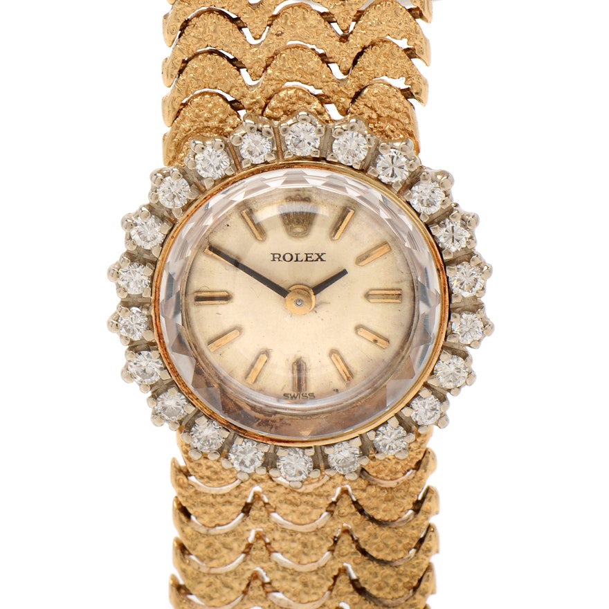 1960s Rolex 14K Yellow Gold and Diamond Bezel Wristwatch