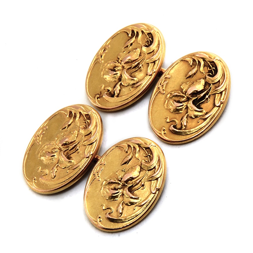 18K Yellow Gold Embossed Iris Motif Cufflinks