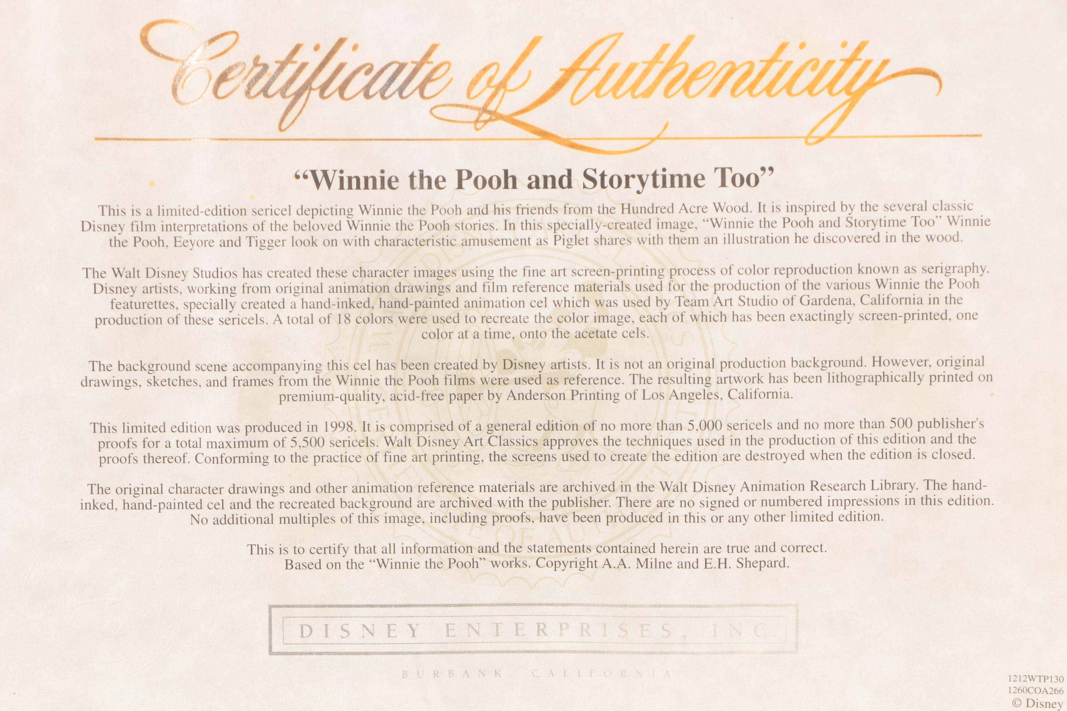 Limited Edition Walt Disney Animation Cel "Winnie the Pooh and Storytime Too"
