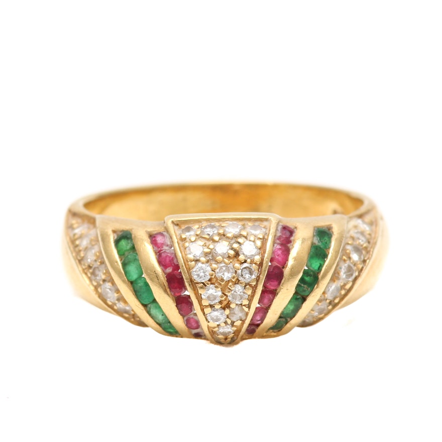 18K Yellow Gold Diamond, Ruby and Emerald Dome Ring