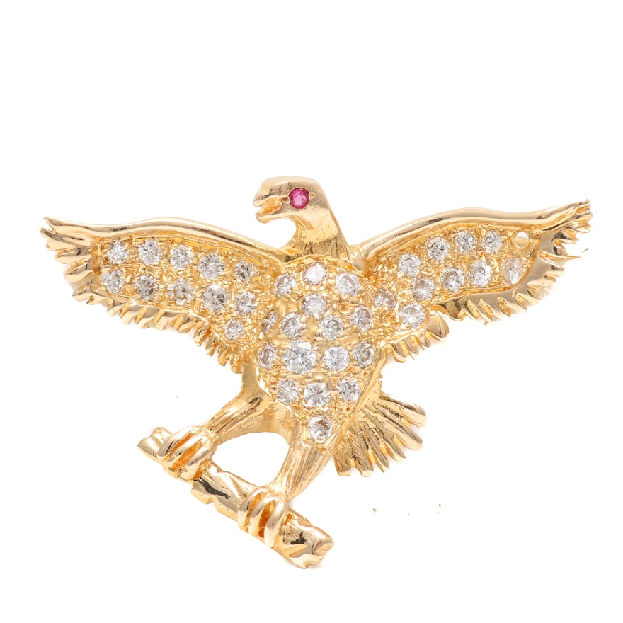 14K Yellow Gold Diamond and Ruby Eagle Brooch