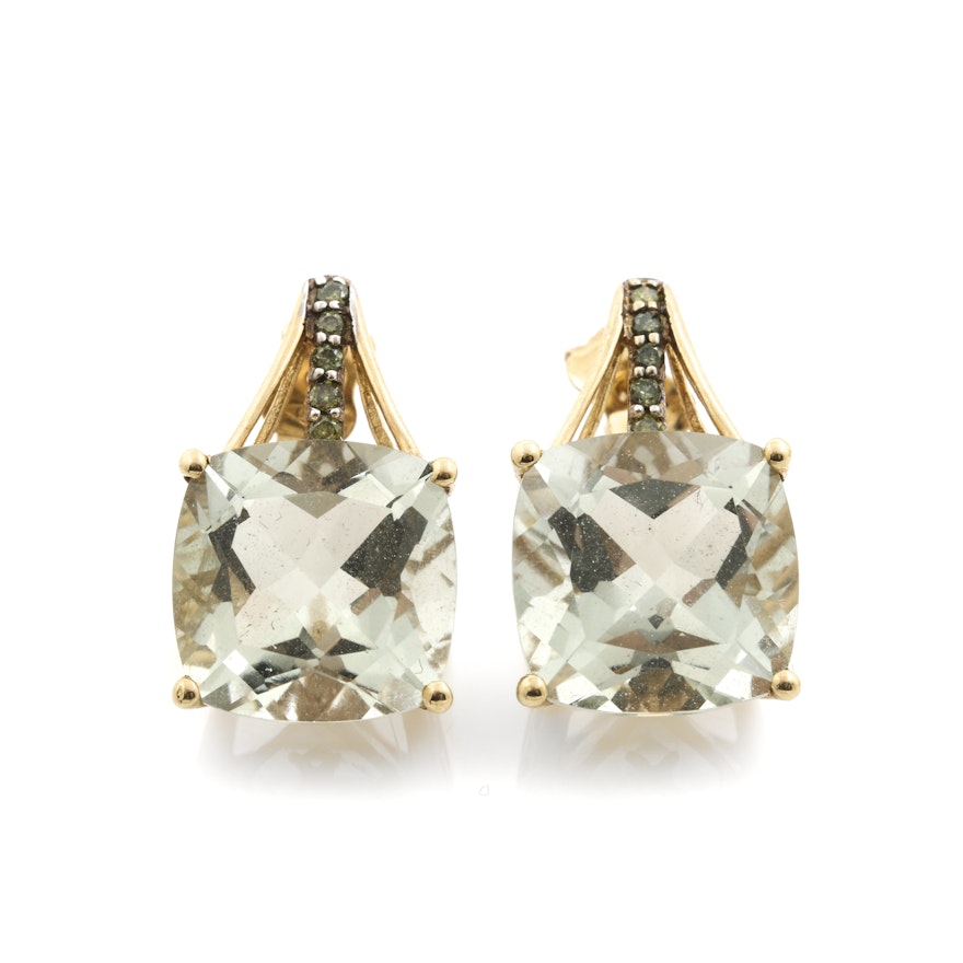 10K and 14K Yellow Gold Praseolite and Irradiated Green Diamond Earrings