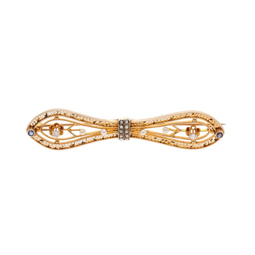 Circa 1920's 10K Yellow Gold Diamond, Cultured Pearl, and Garnet Brooch