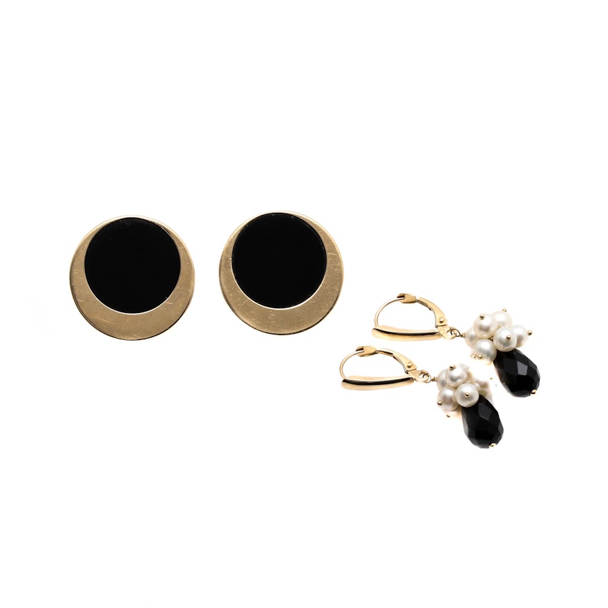 14K Yellow Gold Earrings Including Black Onyx and Cultured Pearls