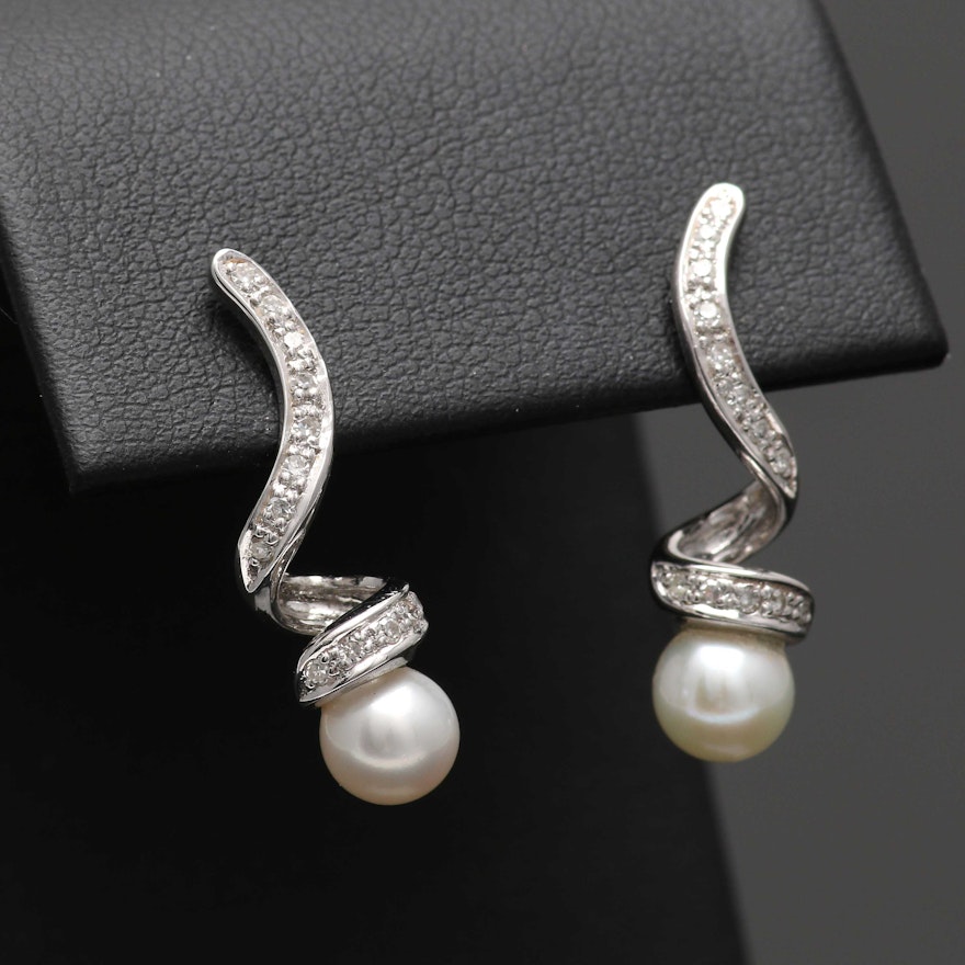 14K White Gold Cultured Pearl and Diamond Drop Earrings