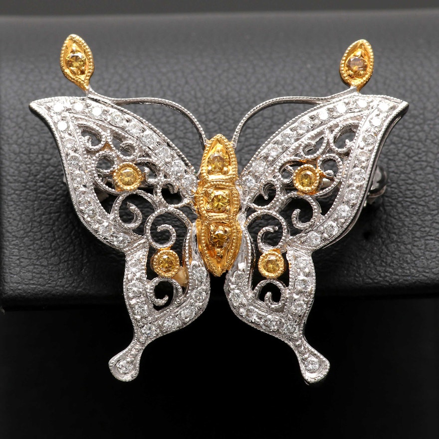 18K White and Yellow Gold Diamond Butterfly Pendant Brooch